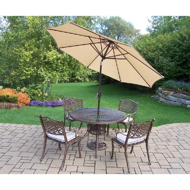 Portable decorative lanterns for patios-Dining Set with 48-inch Table, 4 Cushioned Chairs, Umbrella and Stand