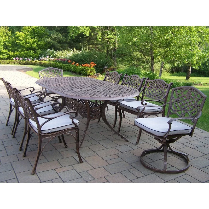 Stylish gold-accented decor pieces-Dining Set with Oval Table, 6 Cushioned Chairs and 2 Swivel Rockers