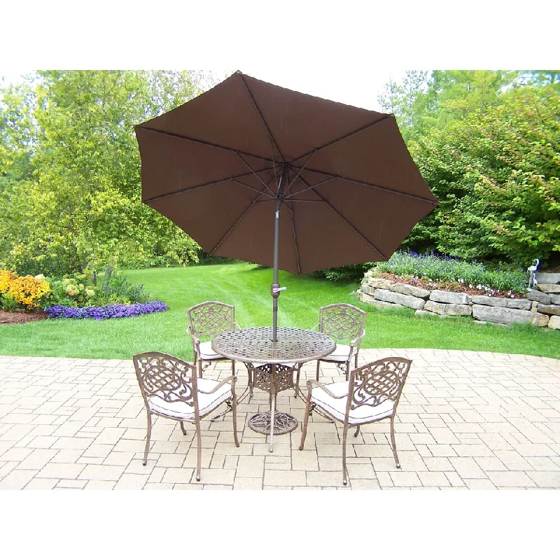 Waterproof outdoor rugs-Dining Set with Round Table, 4 Cushioned Chairs, Umbrella and Stand