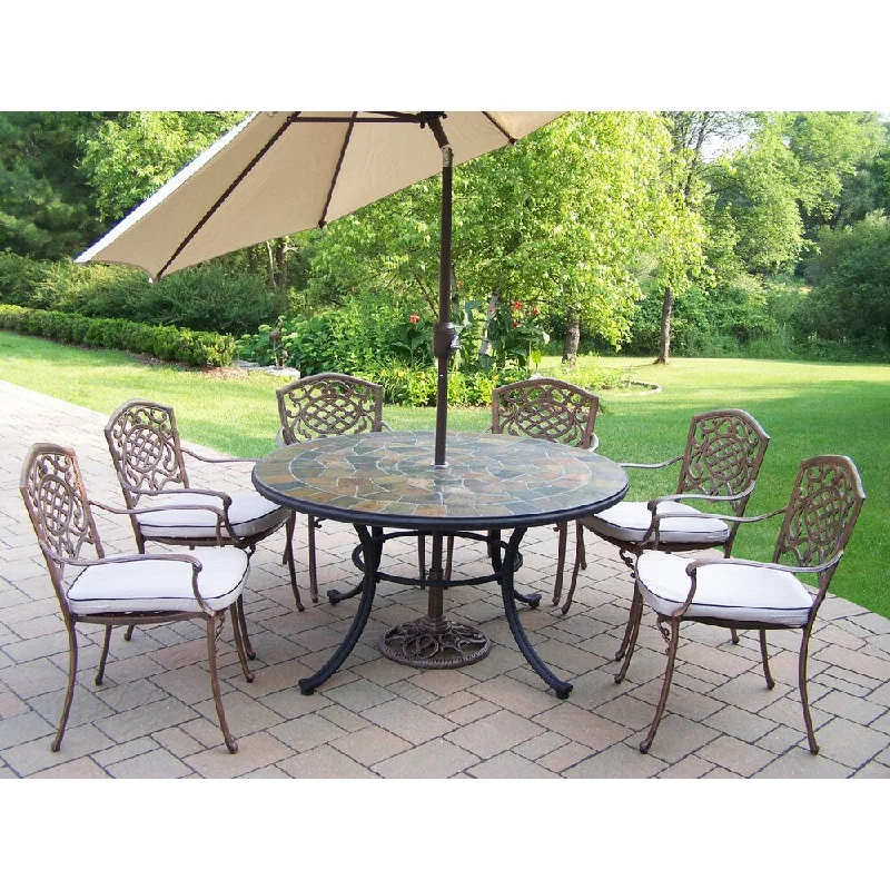 Reusable fabric wall tapestries-Dining Set with Stone Top Table, Cushioned Chairs, Umbrella and Stand