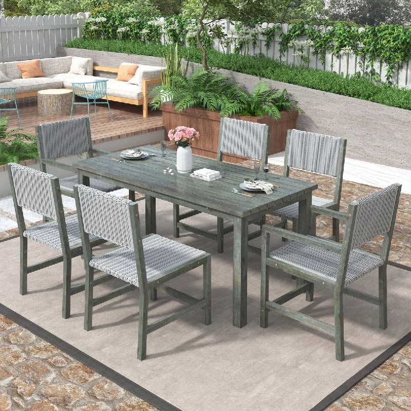 Oversized rugs for open spaces-Gray 7-Piece Wood Rectangular Outdoor Patio Dining Set without Cushion