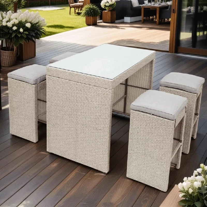 Stackable storage baskets for organization-Malwee 5 Pieces Outdoor Wicker Bar Dining Set, Rattan Patio Furniture with Glass Tabletop,4 Stools,Cushions - N/A