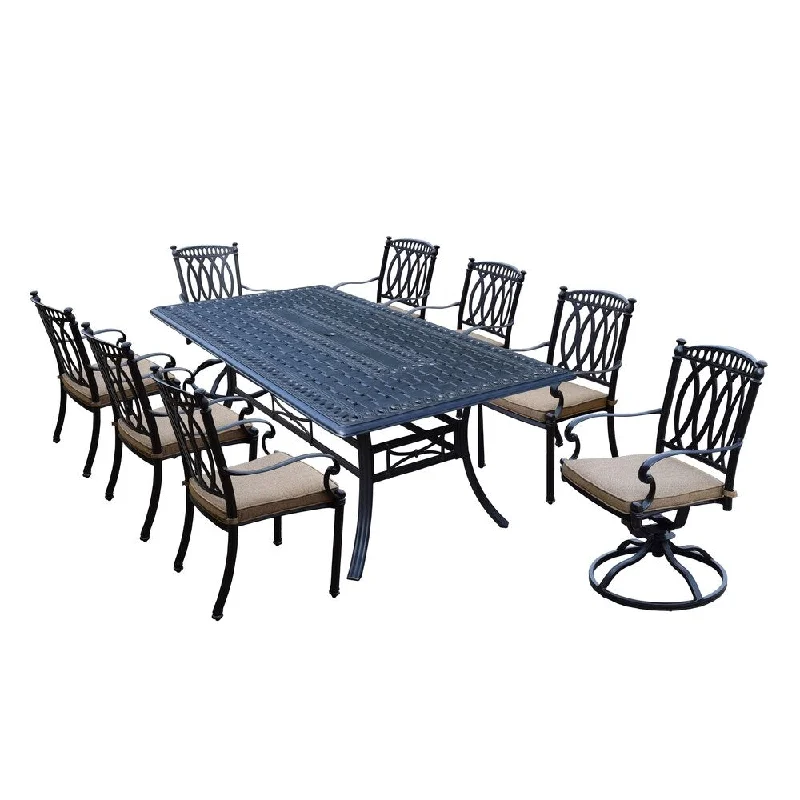 Designer glass lanterns for patios-Milan 9 Piece Cast Aluminum Dining Set with Rectangular Table, 6 Stackable cushioned Chairs and 2 cushioned Swivel Rockers