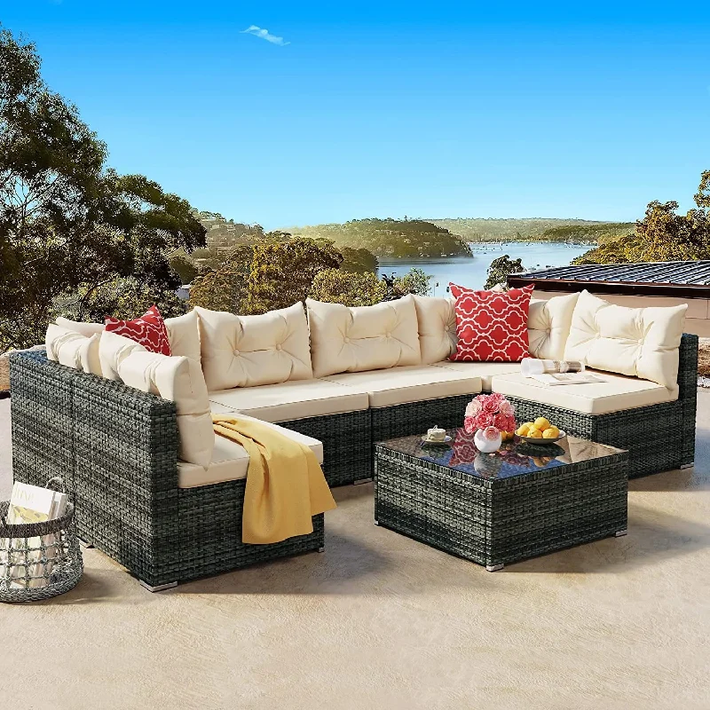 Designer mini sculptures for desks-Moasis 7 Pieces Outdoor Patio Furniture Wicker Sectional Sofa Conversation Set with Coffee Table and Cushions