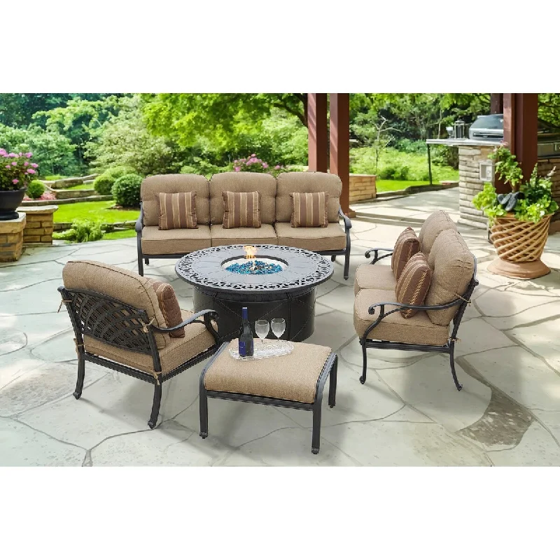 Affordable decorative bowls for tables-Nassau 5-Piece Patio Propane Fire Pit Deep Seating Set with Cushions and 47'' Round Fire Pit Chat Table and Fireglass