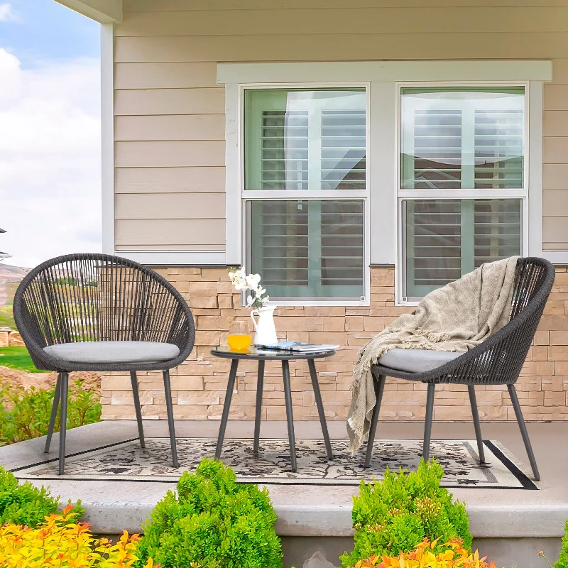 Designer ceramic planters with stands-Outdoor 3 Pieces Patio Woven Rope Bistro Set with Cushions