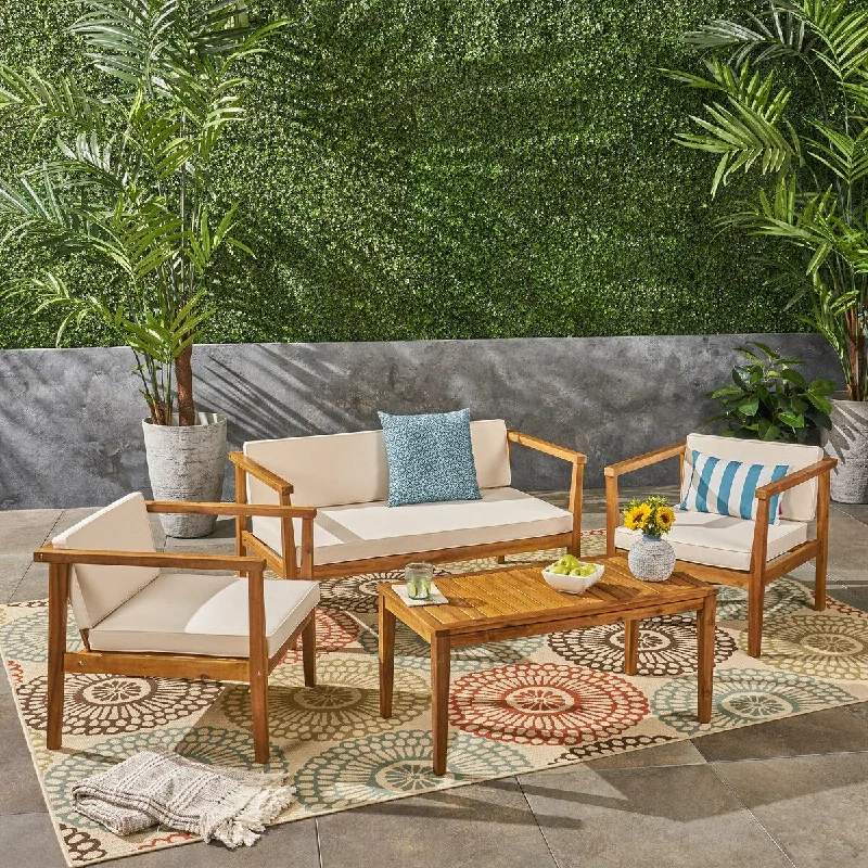 Affordable throw cushions for chairs-Outdoor 4-Seater Acacia Wood Dining Set with Coffee Table with Cushions,Outdoor Indoor Backyard Porch Garden Poolside Balcony