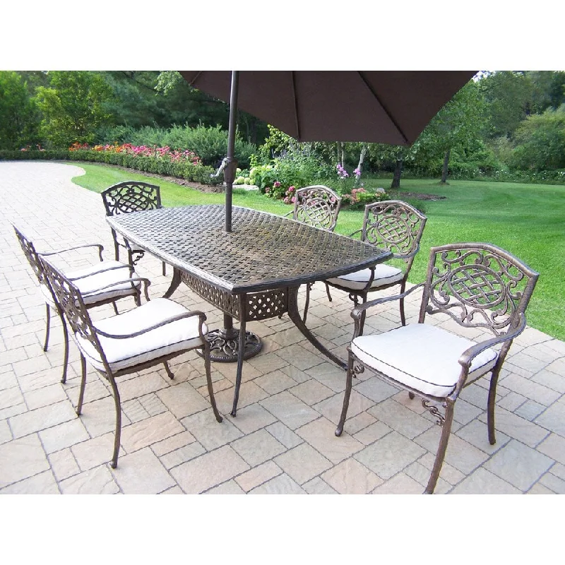 Stackable storage baskets for organization-Outdoor Dining Set with Table, 6 Cushioned Chairs, Umbrella and Stand