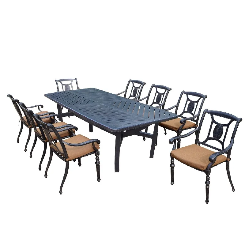 Designer decor with bold patterns-Outdoor Patio 86-in Rectangular Aluminum Dining Set with 8 Stackable Chairs with Brown Sunbrella Cushions