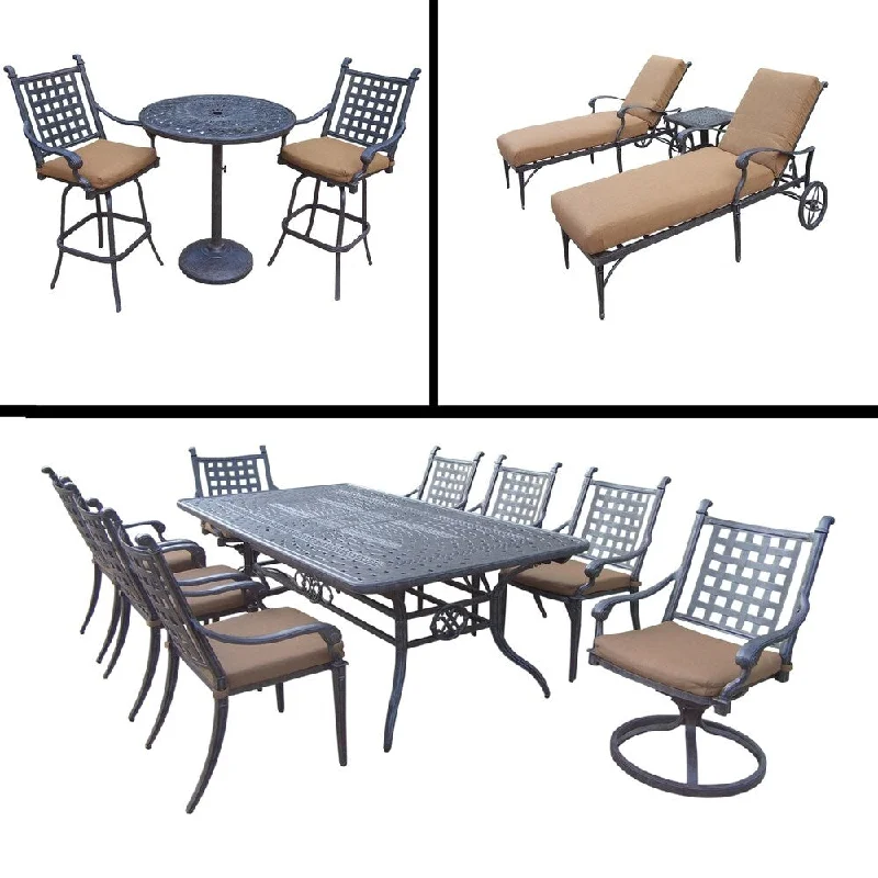 Stylish gold-accented decor pieces-Premier Sunbrella Cushioned Set includes 3 Pc Bar Set, 9 Pc Dining Set with Extendable Table, 3 Pc Chaise Lounge Set