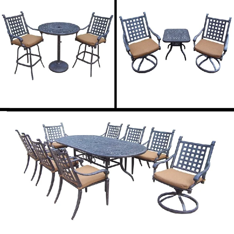 Portable decorative lanterns for patios-Premier Sunbrella Cushioned Set includes 9 Pc Dining Set, 3 Pc Bar Set and 3 Pc Swivel Rocker Chat Set