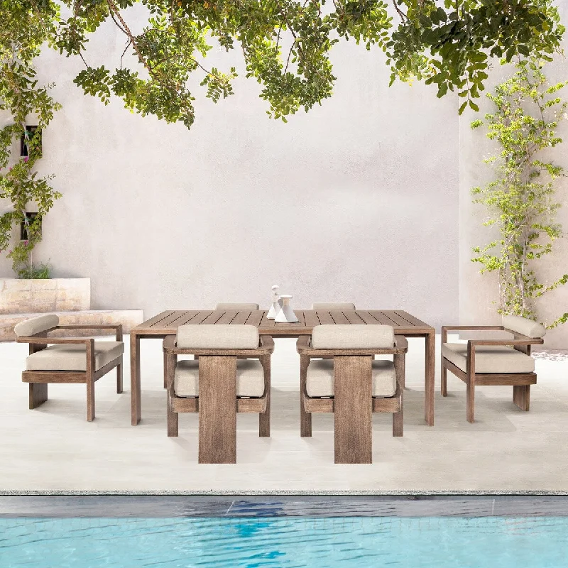 Affordable decorative bowls for tables-Relic Outdoor Patio 7 Piece Dining Set in Weathered Eucalyptus Wood with Taupe Olefin Cushions