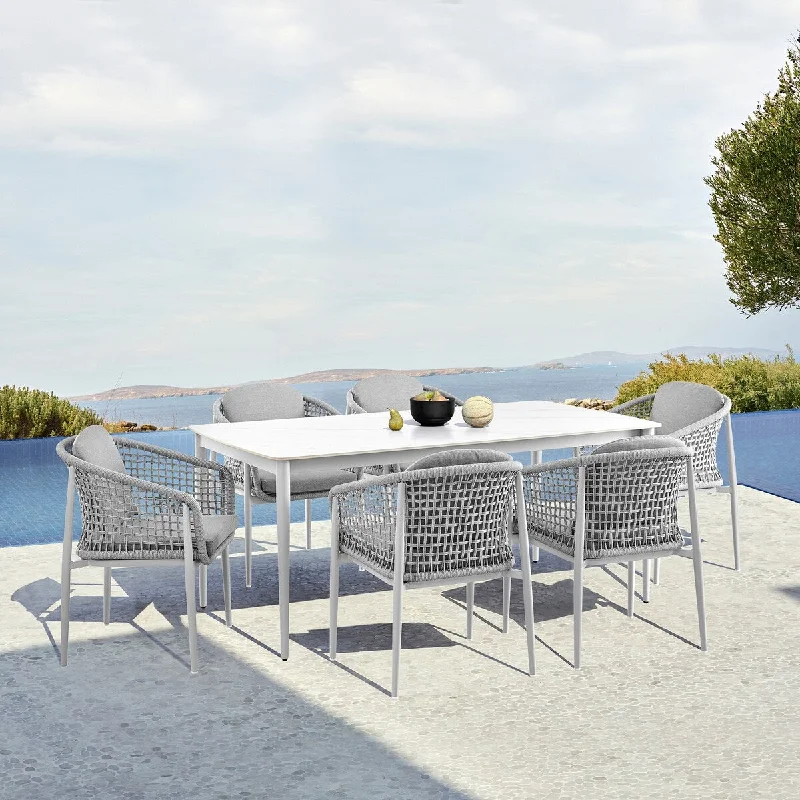 Minimalist wall art for offices-Rhodes Outdoor Patio 7 Piece Dining Set in Aluminum with Sintered Stone and Gray Cushions