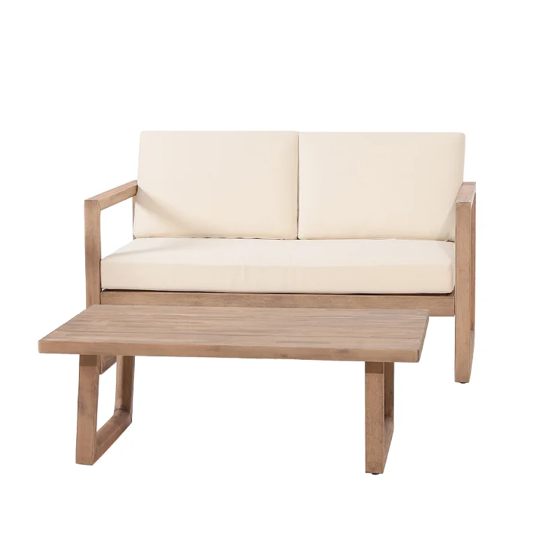 Waterproof outdoor rugs-Stefan Acacia Wood Outdoor Loveseat and Coffee Table Set with Cushions by Christopher Knight Home