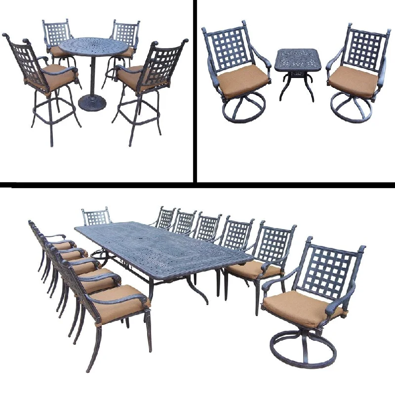 Designer glass lanterns for patios-Sunbrella Cushioned Set includes 5 Pc Bar Set, 13 Pc Dining Set with Extendable Table and 3 Pc Swivel Rocker Set