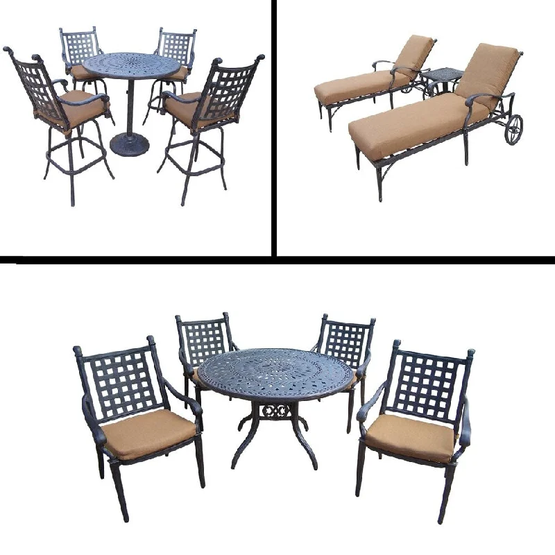 Small decorative clocks for walls-Sunbrella Cushioned Set includes 5 Pc Bar Set, 5 Pc Dining Set with Stackable Chairs and 3 Pc Chaise Lounge Set