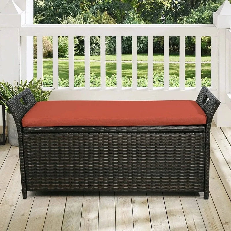 Foldable room dividers for privacy-Wicker Storage Bench Outdoor Rattan Deck Storage Box with Red Cushion