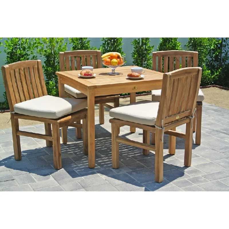 Multi-purpose wooden trays-5 pc Huntington Teak Outdoor Patio Furniture Dining Set with 36" Square Dining Table. Sunbrella Cushion.