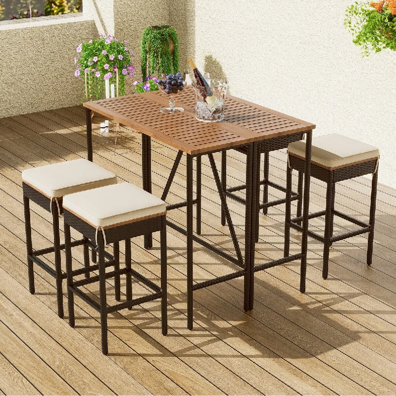 High-end crystal vases for flowers-5-Piece Outdoor Acacia Wood Bar Height Table and Four Stools with Cushions