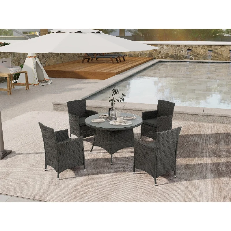 Eco-friendly wooden sculptures-5 Piece Outdoor Dining Set All-Weather Wicker Dining Table,Chairs with Cushions,Round Tempered Glass Tabletop, Umbrella Cutout