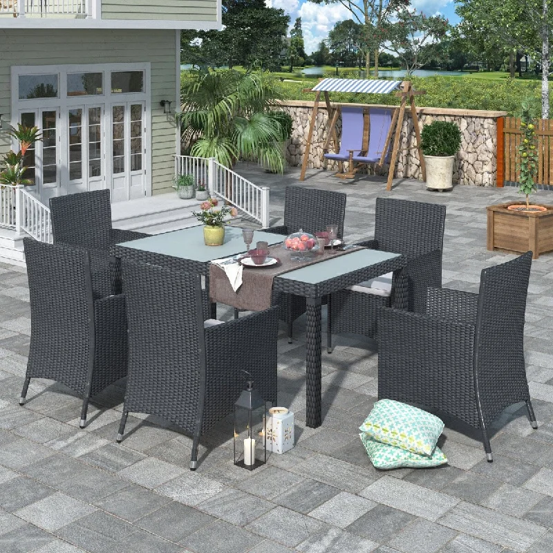 Vintage-inspired metal decor-7 Pieces Outdoor Patio Rattan Dining Table Set with Cushions