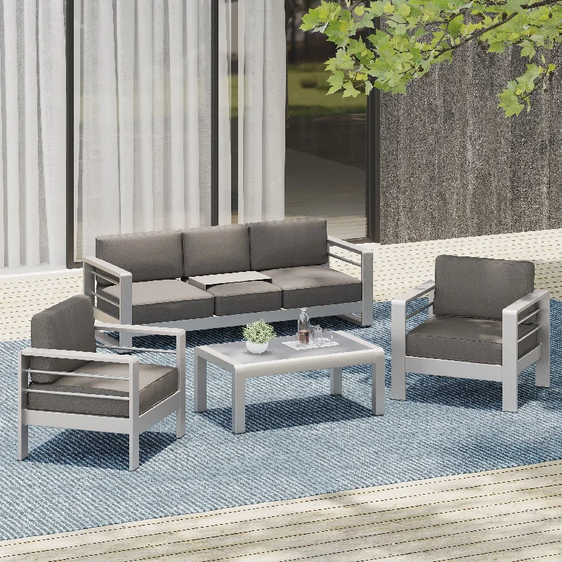 Designer accent trays with handles-Cape Coral Outdoor 4 Piece Aluminum Chat Set with Water Resistant Cushions by Christopher Knight Home