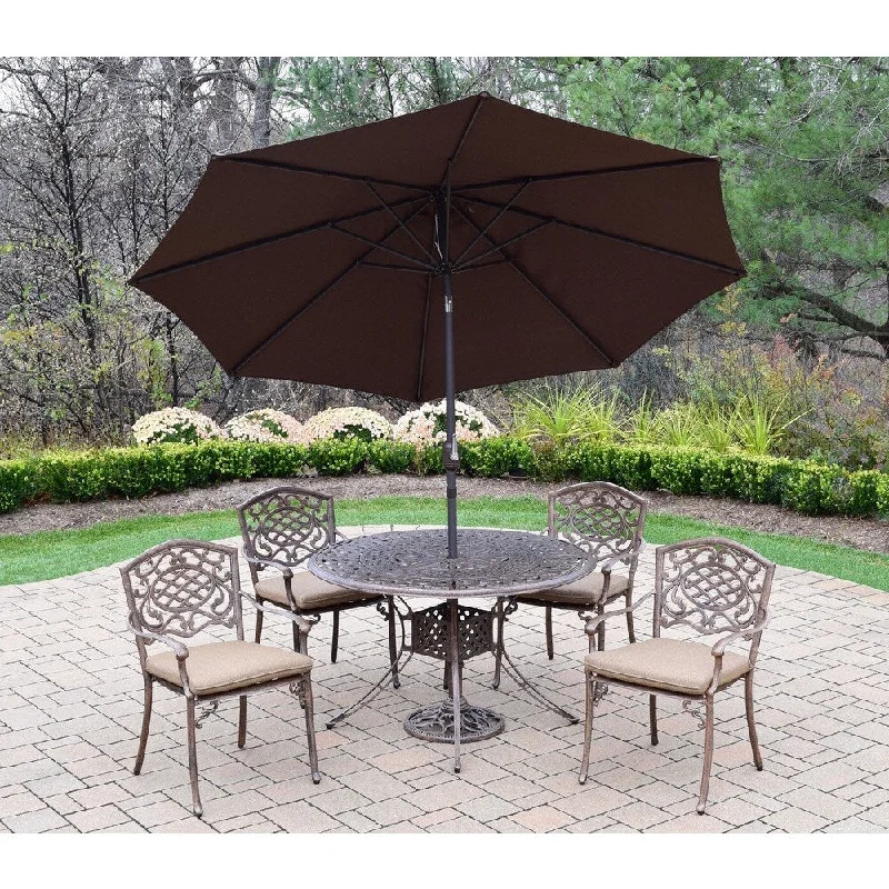 Waterproof outdoor lanterns-Dakota Brown Cast Aluminum Shaded 7-piece Cushioned Patio Dining Set