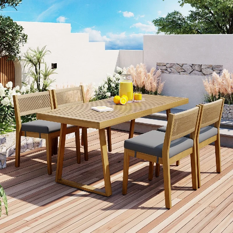 Soft knitted throws for winter-Multi-person Outdoor Acacia Wood Dining Table and Chair Set, Thick Cushions, Suitable for Balcony, Vourtyard, and Garden