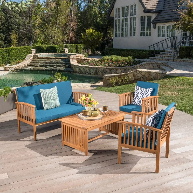 Affordable accent pillows for beds-Outdoor 4-Pcs Dining Set Acacia Wood Sofa Set with Water Resistant Cushions,3 Sofa Chairs,1 Coffee Table