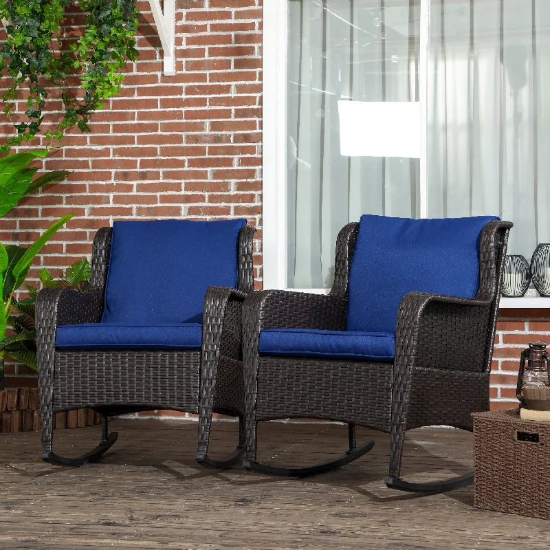 Soft-touch woven throws-Outsunny Outdoor Wicker Rocking Chair Set of 2 with Wide Seat, Thick Cushions, Rattan Rockers with Steel Frame, High Weight