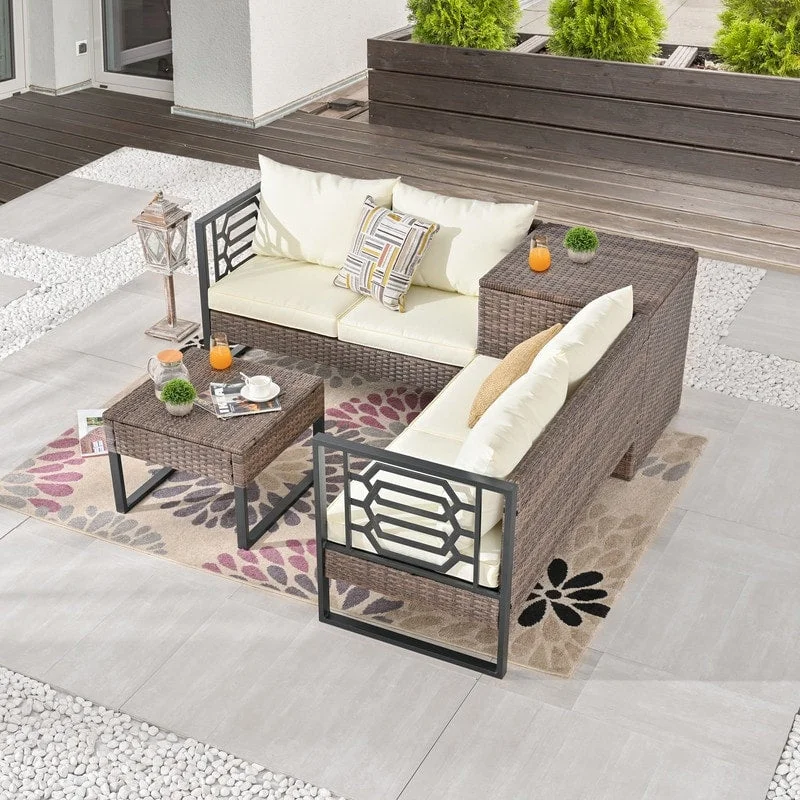 Trendy matte candle holders-Patio Festival Wicker 4-Seat Sofa Set with Coffee Table and Cushions