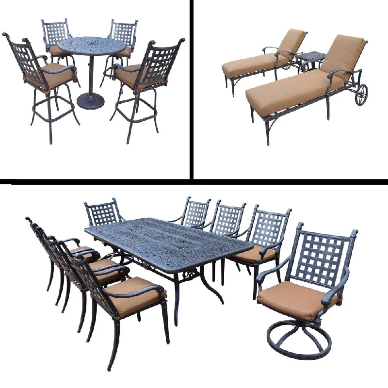 Designer glass lanterns for patios-Premier Sunbrella Cushioned Set includes 5 Pc Bar Set, 9 Pc Dining Set and 3 Pc Chaise Lounge Set