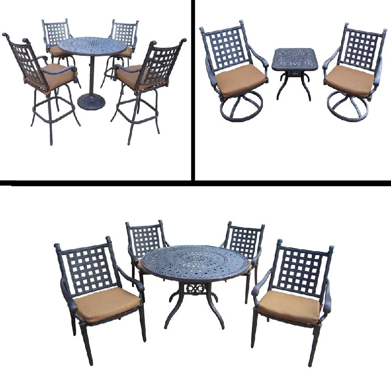 Affordable throw pillows for sofas-Sunbrella Cushioned Set includes 5 Pc Bar Set, 5 Pc Dining Set with 4 Stackable Chairs and 3 Pc Swivel Rocker Chat Set