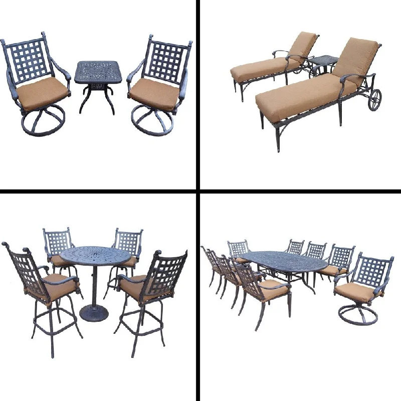 Designer table runners for dining-Sunbrella Cushioned Set includes 5 Pc Bar Set, 9 Pc Dining Set, 3 Pc Chaise Lounge Set and 3 Pc Swivel Rocker Chat Set