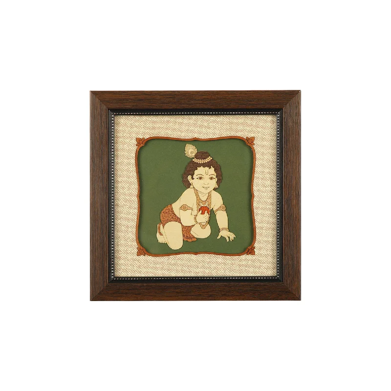 Custom-engraved wall plaques-Bala  Krishna Wooden Carving Frame