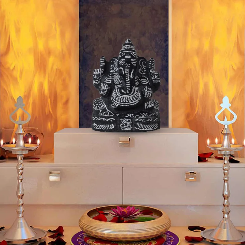 Chic metal wall art-Black Stone Ganesh Murti  - 6 Inches | Ganapathi Vigraham/ Vinayagar Statue for Pooja