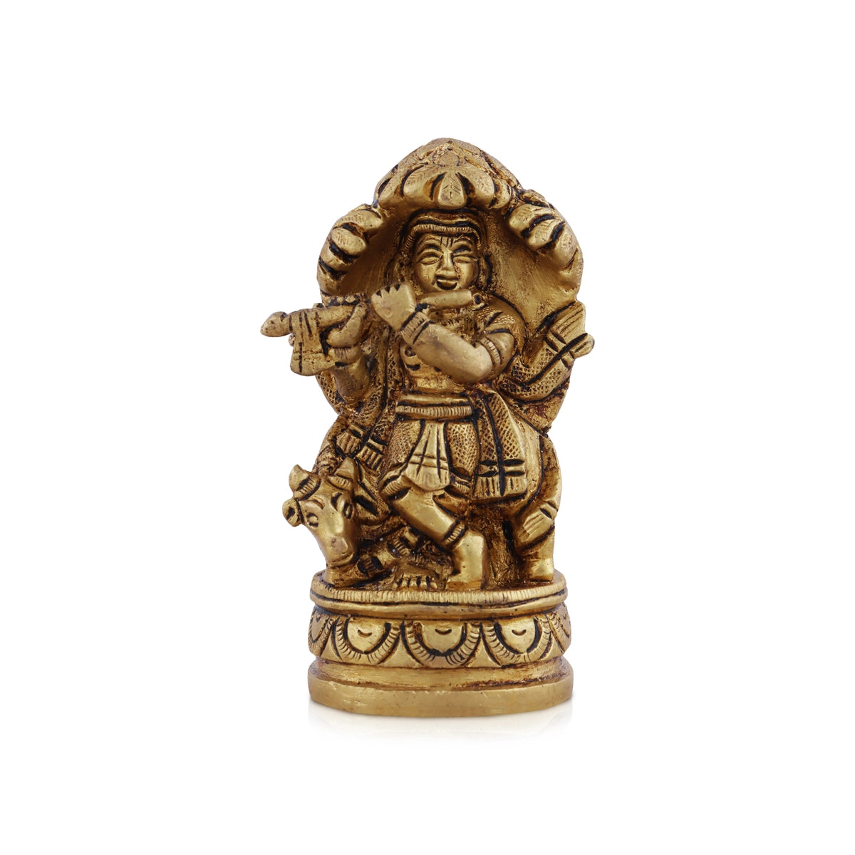 Elegant glass candle holders-Cow Krishna Statue with Tree - 3.5 x 2.25 Inches | Antique Brass Idol/ Cow Murti for Pooja/ 380 Gms Approx