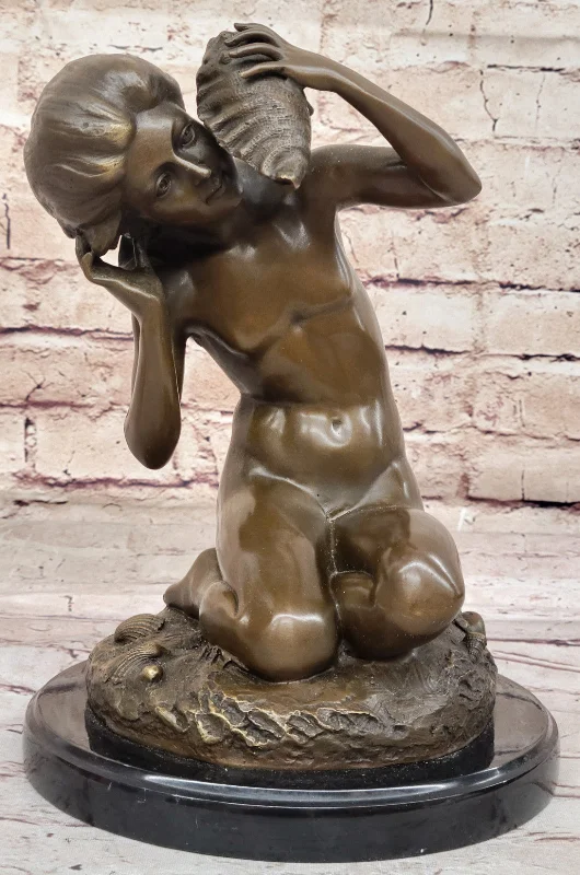 Custom-engraved wall plaques-Fine Art Figurine: Carpeaux`s Fisherman with Shell - Hot Cast Bronze Statue