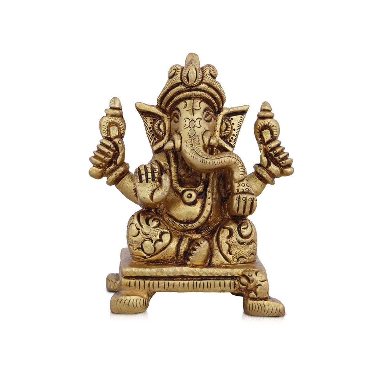 Vintage-inspired metal decor-Ganesh Murti - 4 x 3 Inches | Antique Brass Idol/ Vinayaka Idol/ Ganpati Murti for Pooja/ 550 Gms Approx