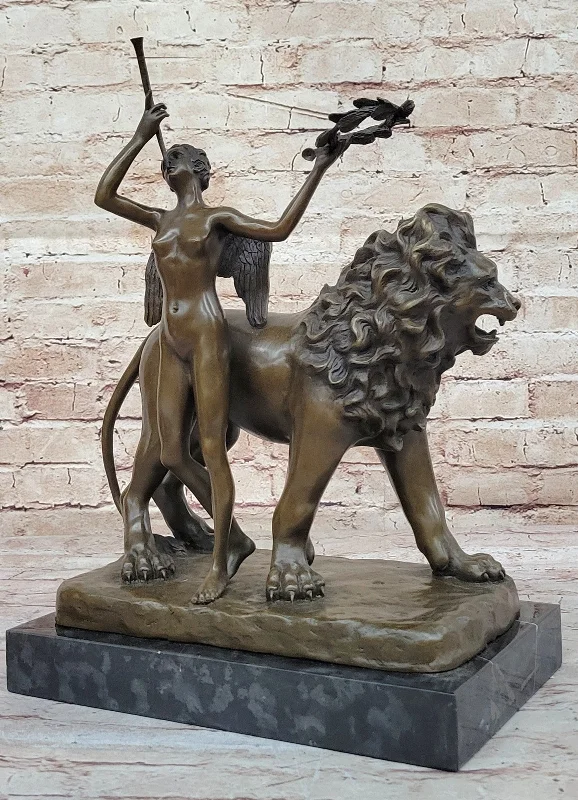 Vintage-inspired metal decor-Handmade Sculpture by Aldo Vitaleh - Bronze Lion and Angel - Exquisite Art Deco Piece