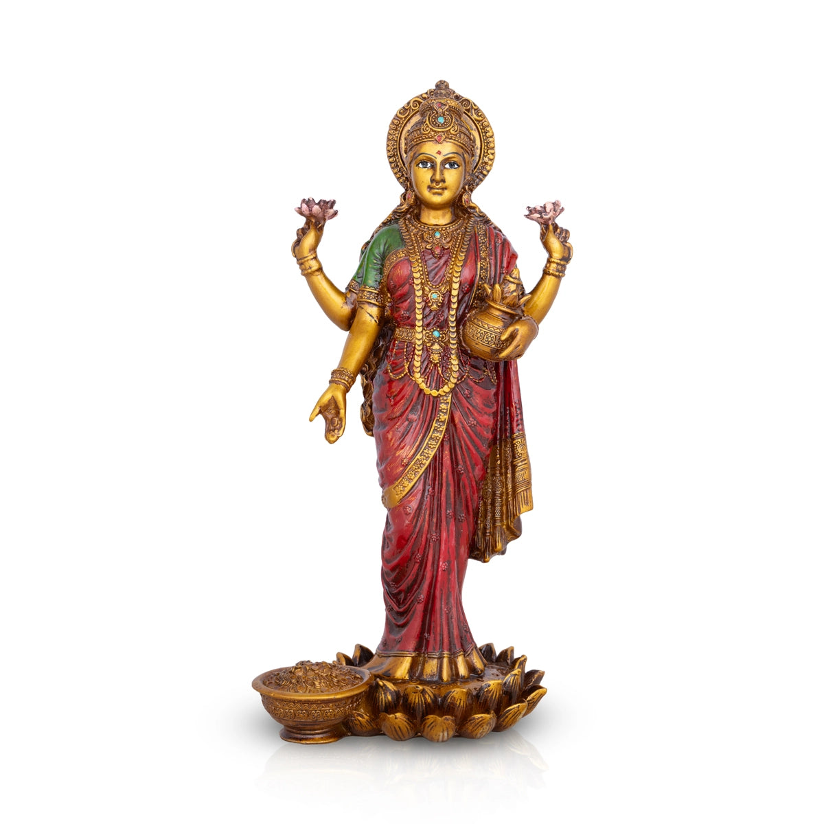 Boho-inspired area rugs-Laxmi Murti - 10 x 4.5 Inches | Lakshmi Murti Standing On Lotus/ Resin Statue for Pooja