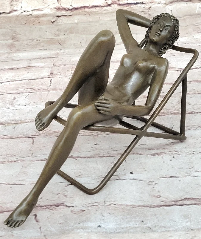 Elegant glass wall art-Lost Wax Method Sculpture: Nude Woman Relaxing on Beach Chair