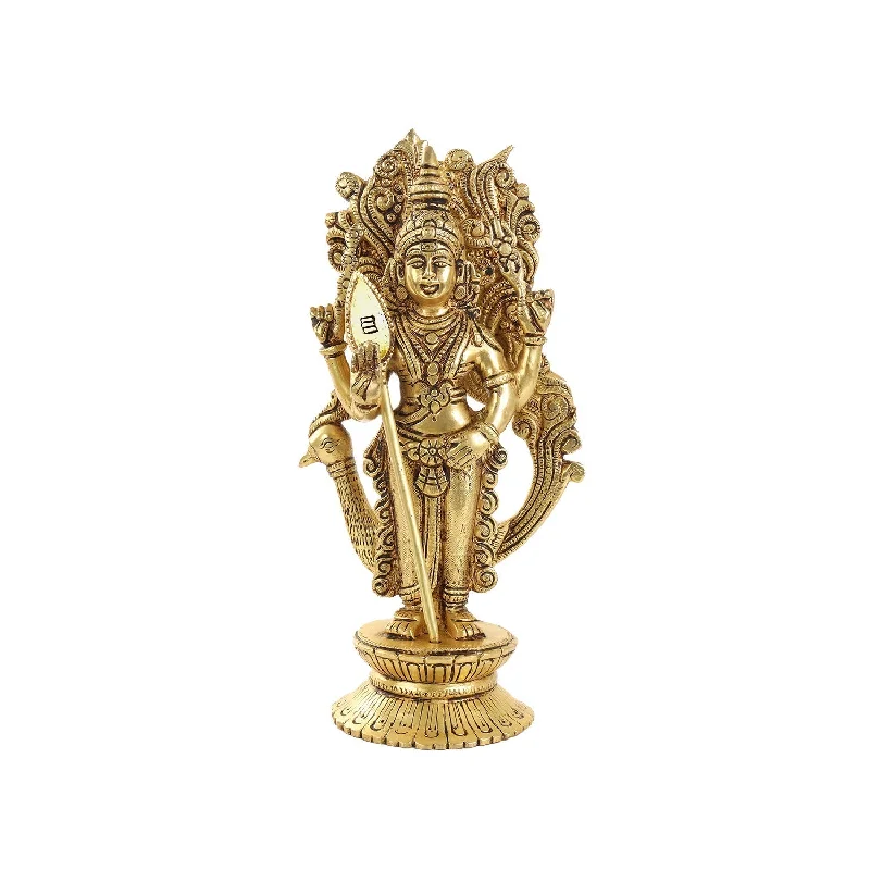 Chic matte wall mirrors-Murugan Statue  - 10 x 5  Inches |  Antique Brass Statue/ Murugan with Peacock Idol/ Murugan Silai for Pooja