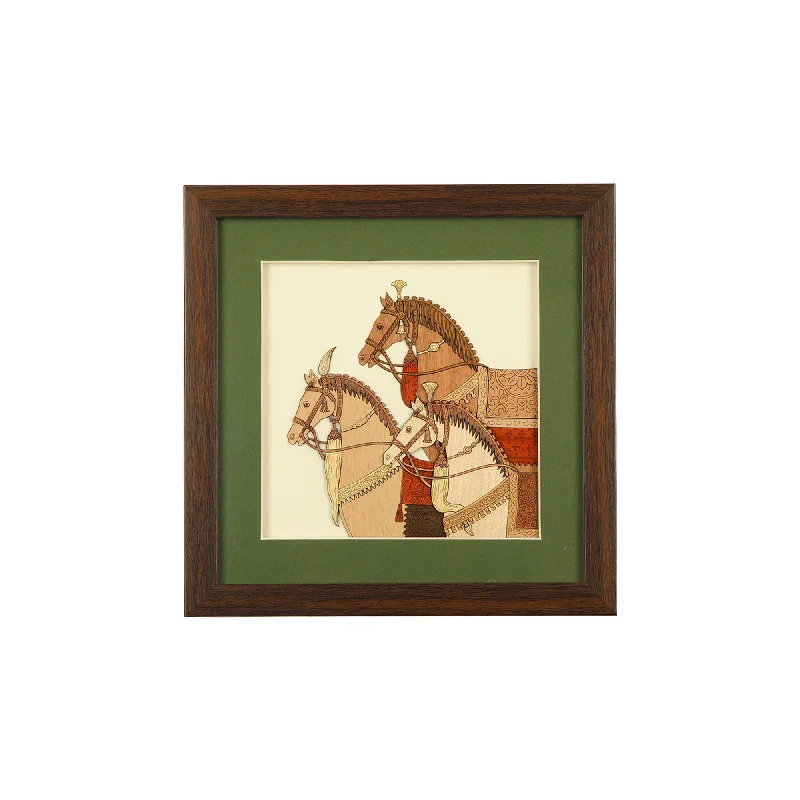 High-quality glass sculptures-Three Horse Wooden Carving Frame