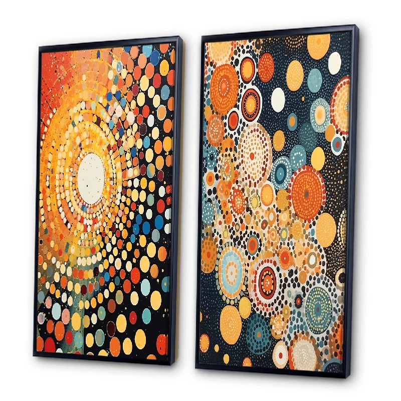 Luxury crystal table lamps-Designart "Aboriginal Circular Dot Amber Compositions I" Transitional Framed Wall Art Set Of 2 Wall Art Set Of 2