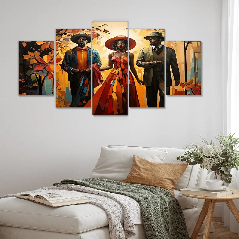 Designer decor with bold patterns-Designart "African Folklore Tales" Orange African American Art Set Of 5 Global Oversized Canvas Art Print For Home Decor