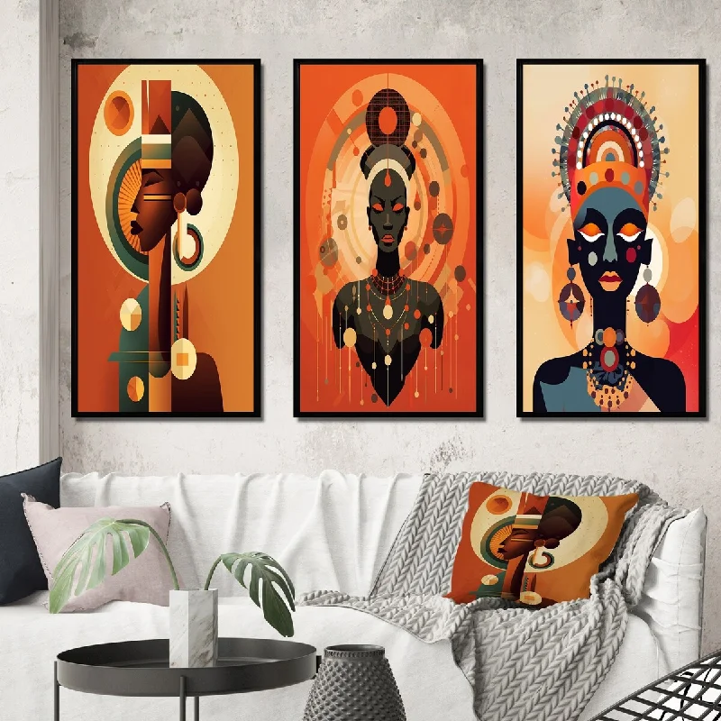 Designer mini sculptures for desks-Designart "African Tribal Goddess Graphic Illustration III" Abstract Portraits Framed Wall Set Of 3 For Home Decor