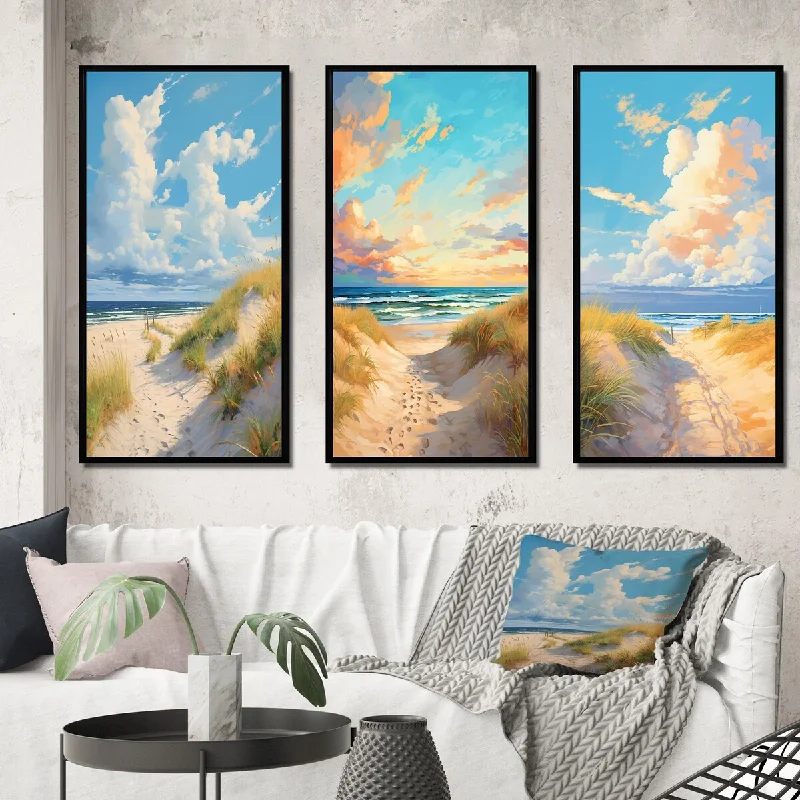 Designer glass lanterns for patios-Designart "Beach Tranquility Ocean In Spring IV" Beach Framed Wall Art Set Of 3 - Coastal Gallery Set For Office Decor