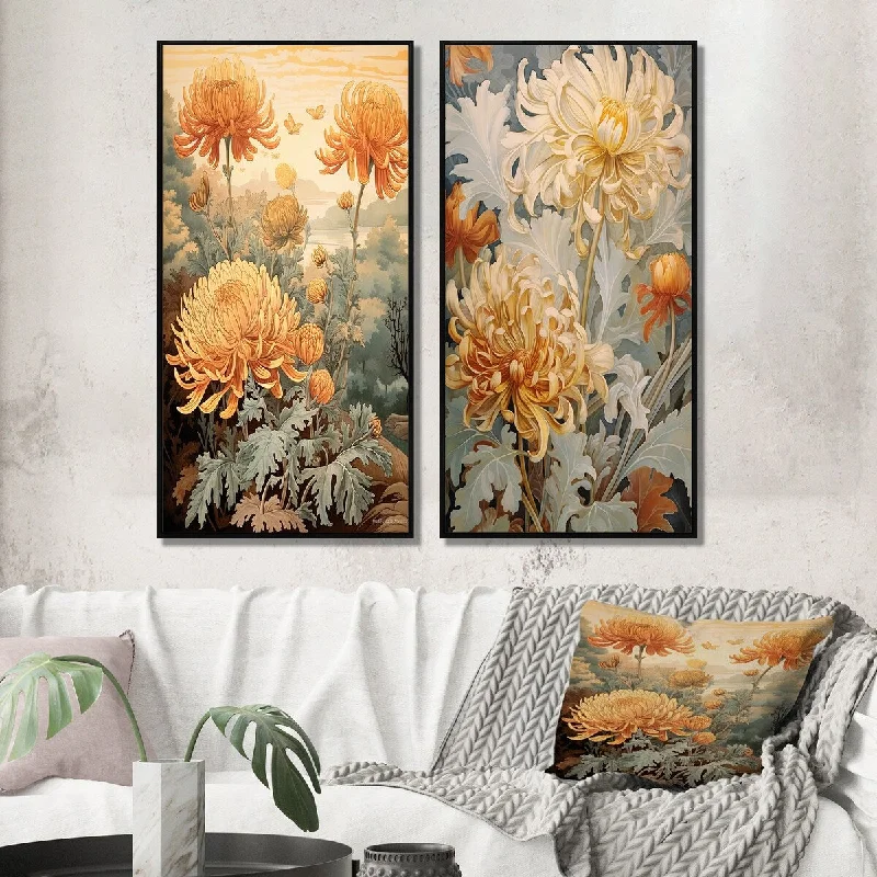 Chic metal wall art-Designart "Blooming White Orange Chrysanthemum Retro Art I" Wildflowers Framed Wall Art Set Of 2 For Living Room Decor