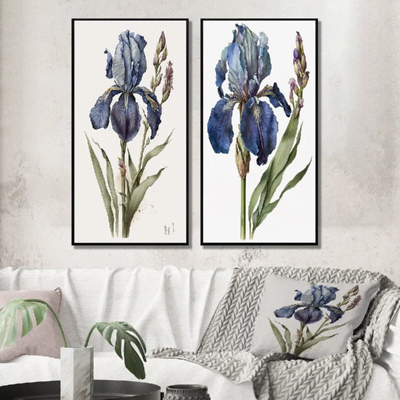 Small ceramic figurines for shelves-Designart "Blue Iris Botanical Illustration I" Irises Wall Art Décor - Traditional Canvas Set For Living Room Decor